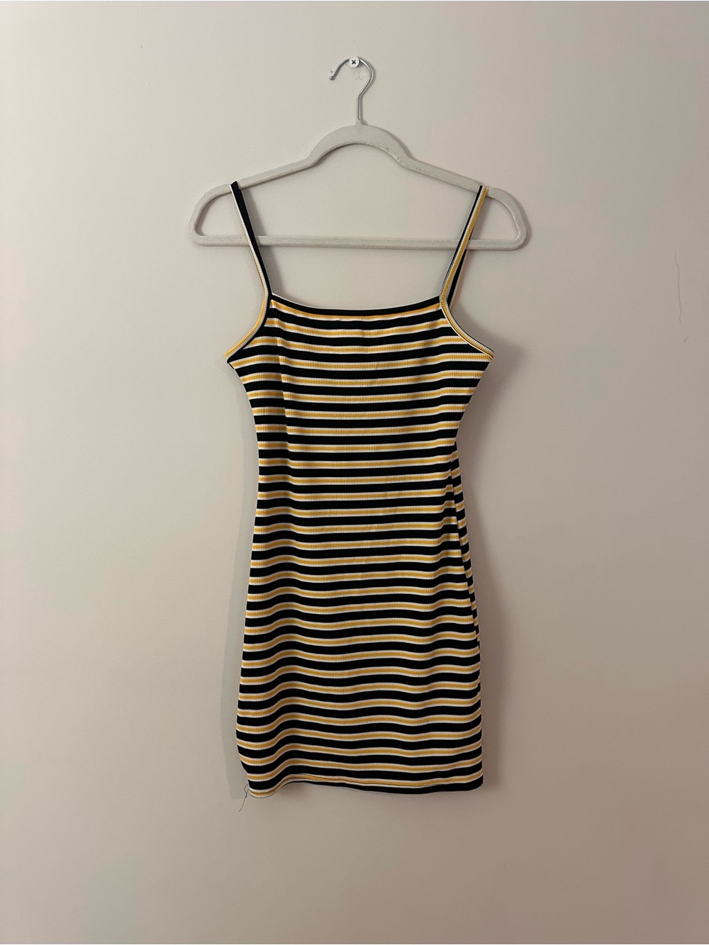 PrettyLittleThing Yellow Black Striped Ribbed Mini Dress - Size 6